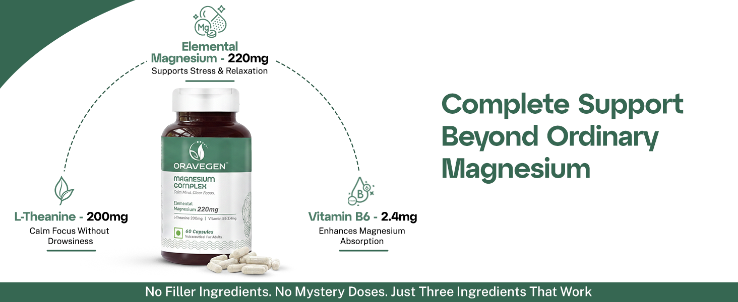 Magnesium Complex | 220mg Elemental Magnesium Glycinate with L-Theanine & Vitamin B6 | Stress Relief & Sleep Support | 60 Vegan Capsules | Lab Tested
