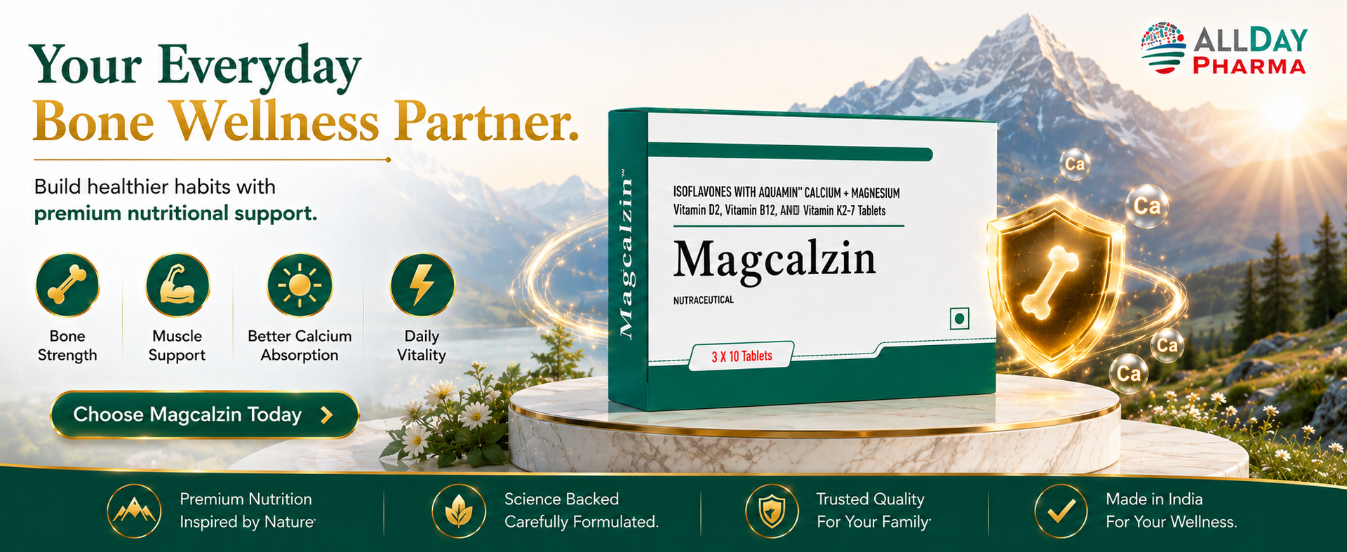 ALLDAY PHARMA Magcalzin Tablets | Multivitamins | Dietary (30 Tablets) with Mineral and Vitamins Help in Bone health, Muscle Health, Heart Health | for Men & Women