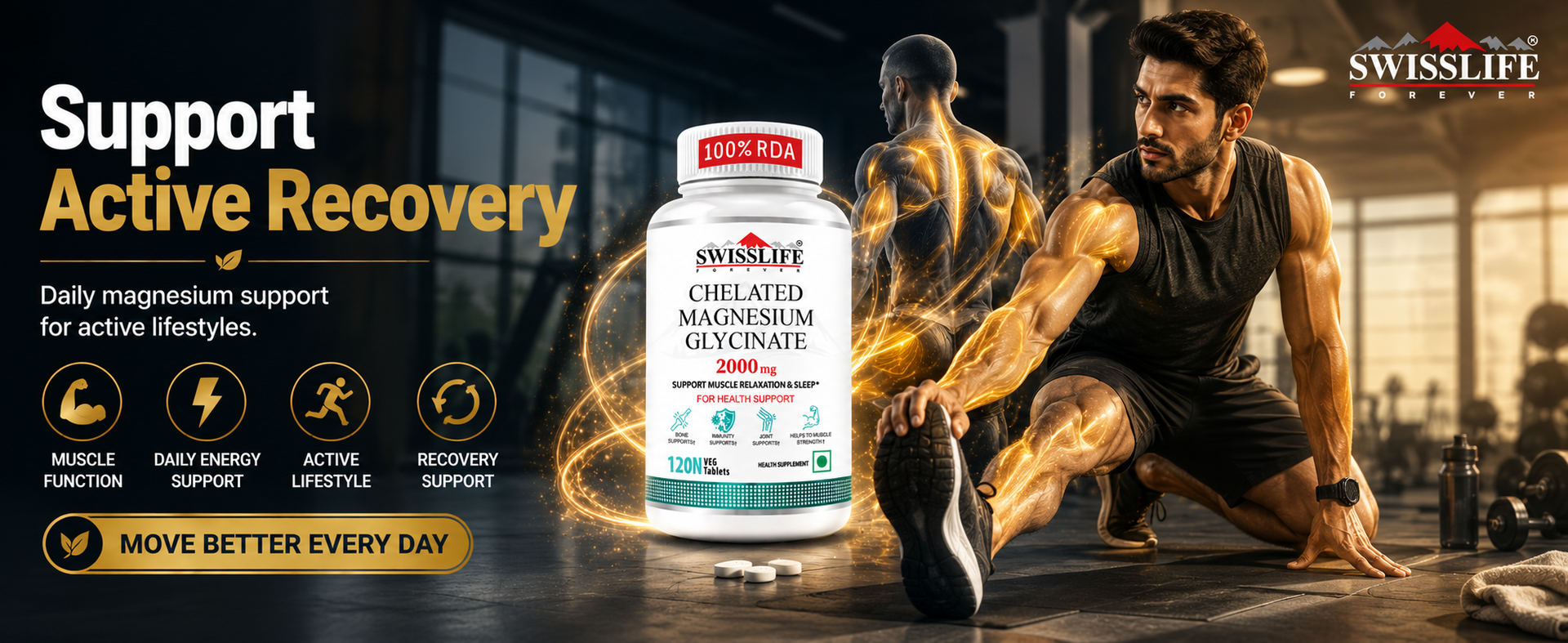 SWISSLIFE FOREVER Chelated Magnesium Glycinate | Dietary Tablets with Mineral and Amino acid (Magnesium Glycinate) Help in Bone health for Men & Women 120 Tablets (Pack of 2)