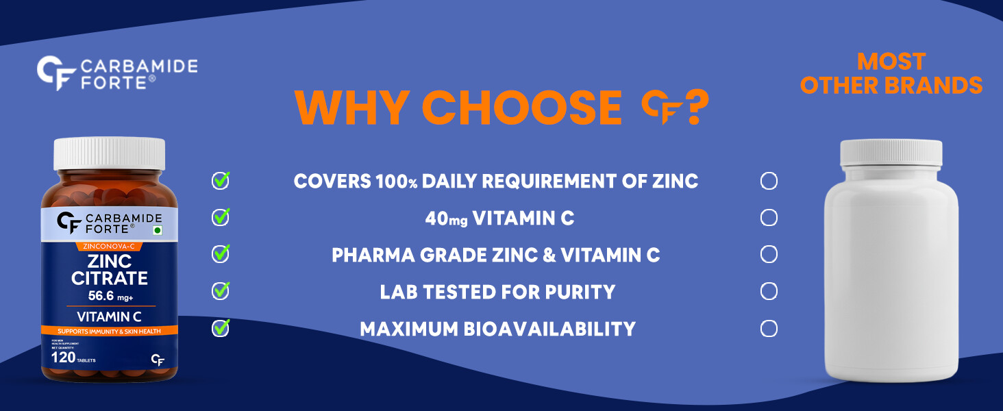 Carbamide Forte Zinc Citrate with Vitamin C | Zinc Supplements for Men & women with 100% RDA Zinc | Immunity & Cellular Health Support – 120 Tablets (Pack of 2)