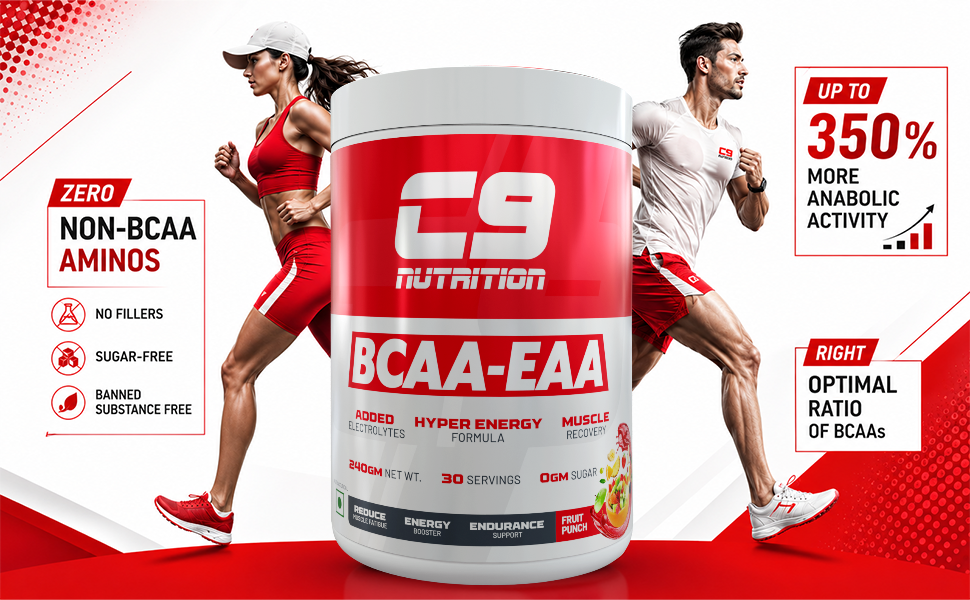 C9 NUTRITION BCAA EAA Powder with 5000mg BCAA, 9000mg EAA & 500mg L-Arginine | Sugar-Free Amino Acid Supplement with Electrolytes for Workout & Muscle Recovery | 30 Servings, Orange Flavour)
