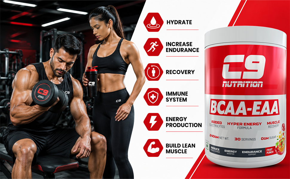 C9 NUTRITION BCAA EAA Powder with 5000mg BCAA, 9000mg EAA & 500mg L-Arginine | Sugar-Free Amino Acid Supplement with Electrolytes for Workout & Muscle Recovery | 30 Servings, Orange Flavour)