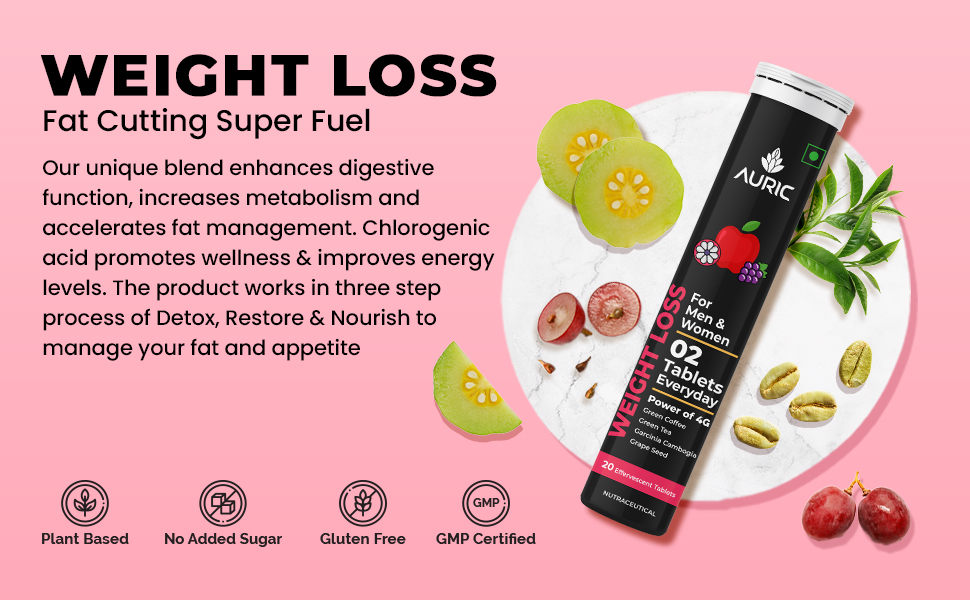 Auric Get Slim Effervescent | 60 Tablets Power of Green Coffee, Green Tea, Grape Seed & Garcinia Cambogia | For Men & Women