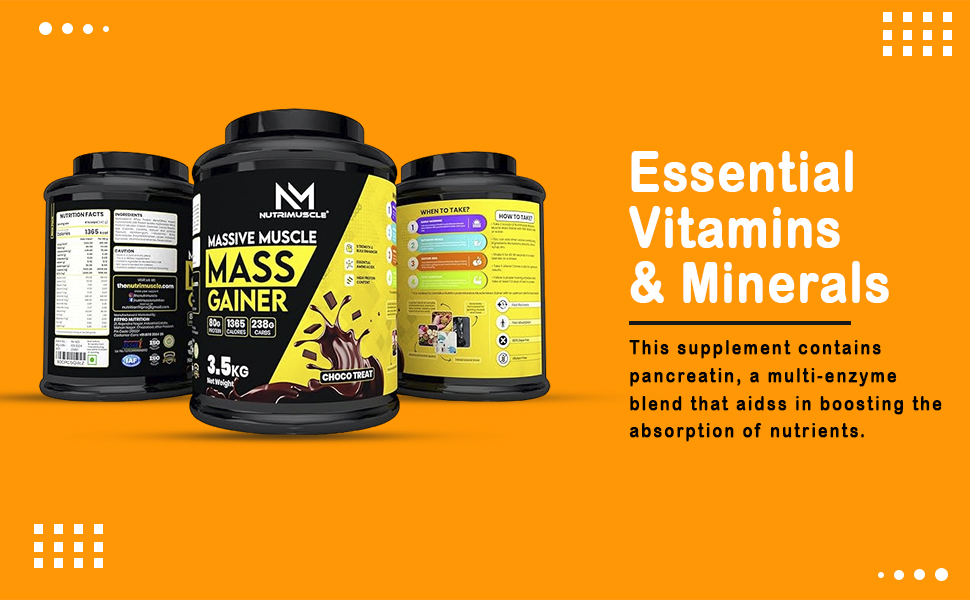 Nutrimuscle Massive Muscle Mass Gainer, 3.5 Kg (Chocolate) – Whey Protein & Complex Carb Blend with Creatine Monohydrate, BCAA, Digestive Enzymes & Multivitamins for Muscle Mass, Strength & Recovery