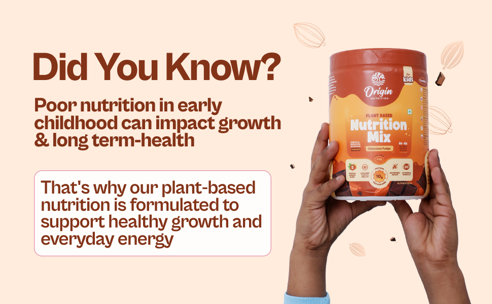 Origin Kids Nutrition Mix | Ages 7-12 | 10g Plant Protein | Eye Health, Immunity & Height Growth | Chocolate Fudge, 316g | Zero Refined Sugar | Plant-Based