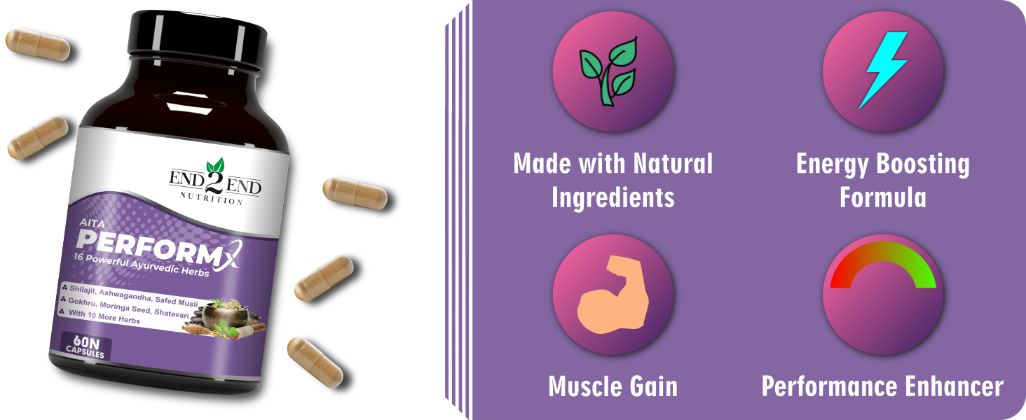 End2End Nutrition PerformX Natural Testosterone Booster for Men made with Pure Shilajt/Shilajeet, Gokhru, Ashwagandha, Safed Musli for Muscle Gain, Strength and Stamina – 30 Capsules