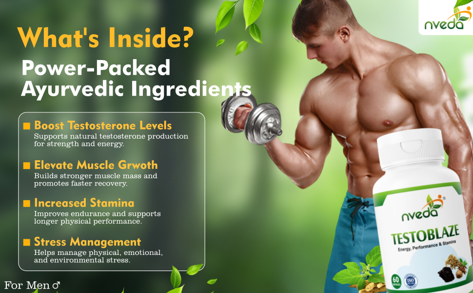 Nveda Testoblaze Testosterone Booster for Men | Muscle Growth, Strength, Energy & Stamina Supplement | Shilajit, Ashwagandha, Safed Musli & Tribulus | Men Vitality & Performance Support | 60 Veg Capsules