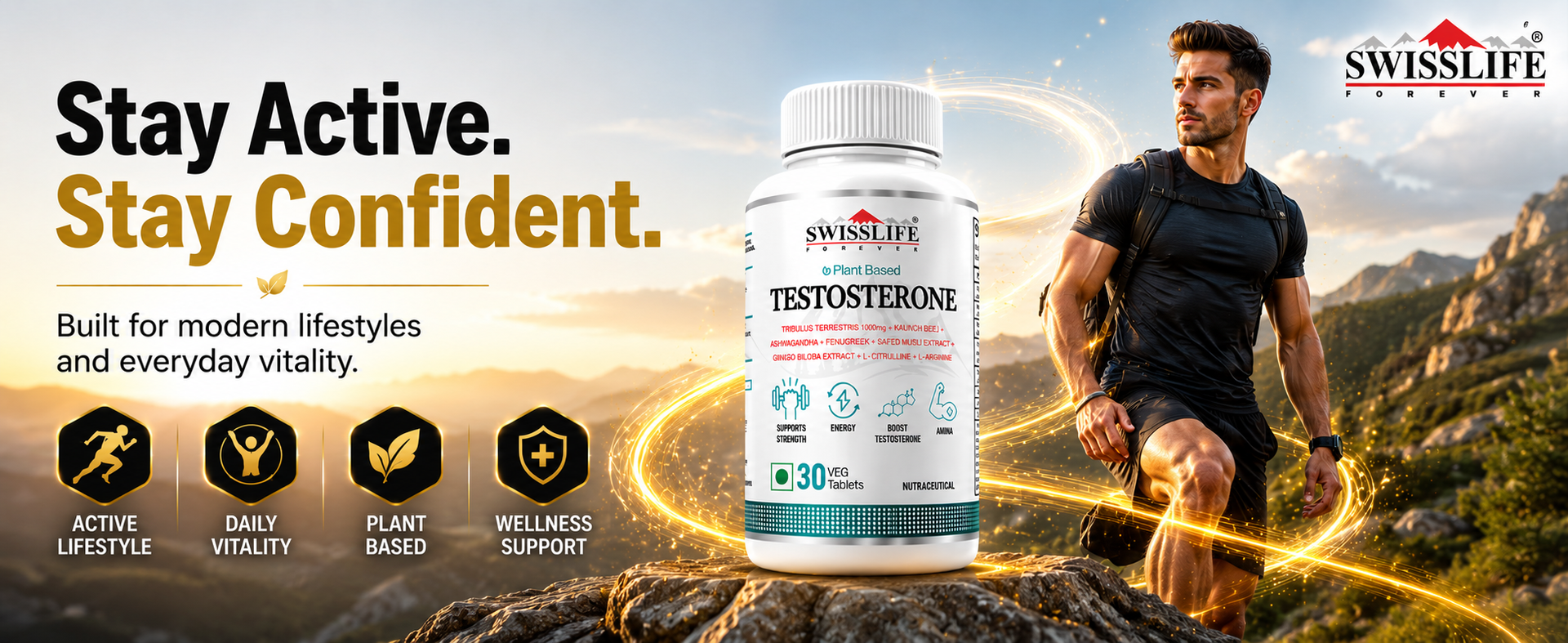 Swisslife Forever Testosterone Supplement for Men | Tribulus 1000mg, Ashwagandha, L-Arginine, L-Citrulline, Kaunch Beej | Natural Energy, Strength, Stamina & Performance Support | 30 Tablets | Plant-Based Formula