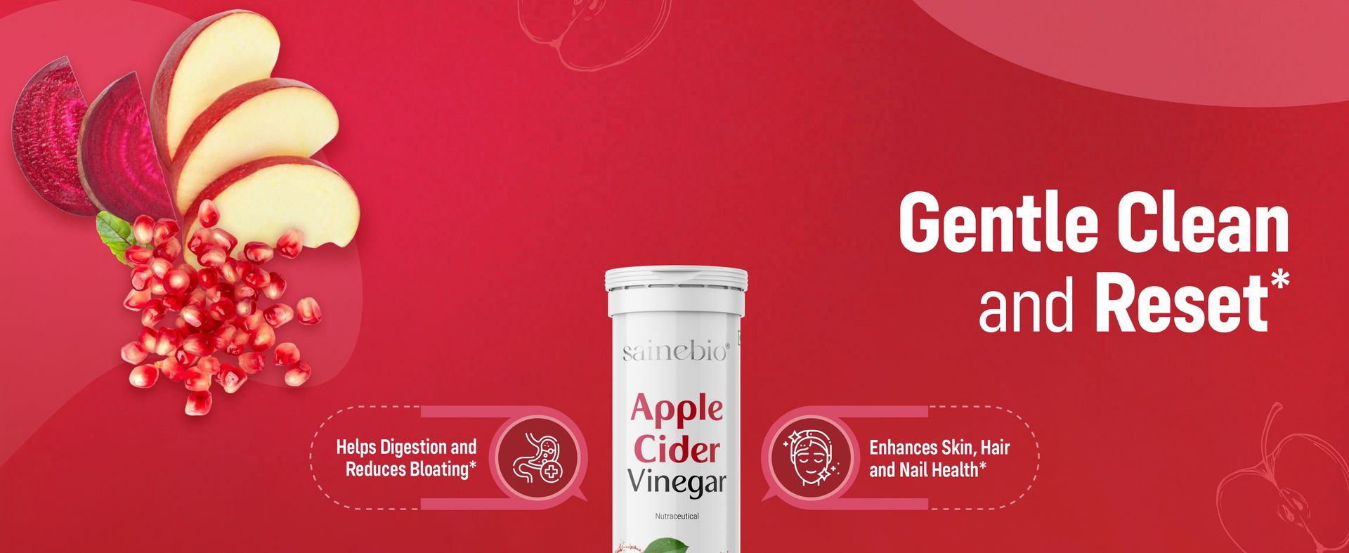 Sainebio Apple Cider Vinegar Effervescent Tablets - 500mg with Pomegranate, Beet Root & B-Vitamins | Supports Weight Management Liver Detox, Digestion, Liver Cleanse, Energy & Metabolism | 20 Tablet - Pack Of 1