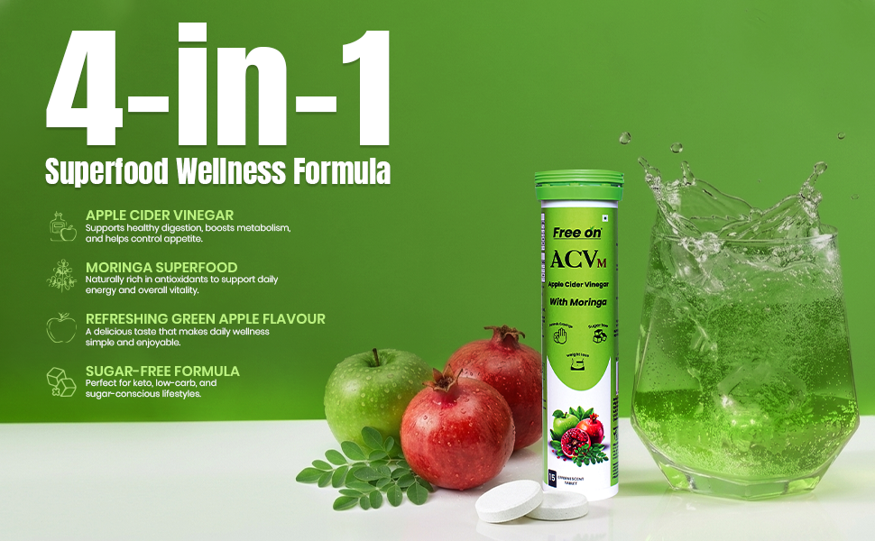 Free On ACV Moringa Effervescent Tablets, 30 Tablets Pack of 2, Green Apple
