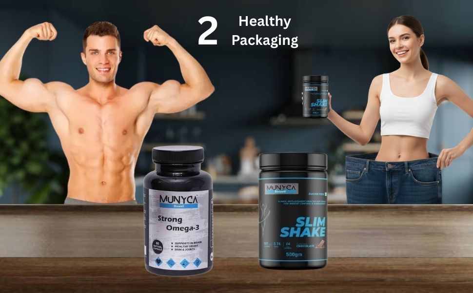 Biowell Strong Omega-3 60 Softgels + Slim Shake 500g Chocolate Combo – Brain, Heart, Skin & Joint Support with Sugar-Free Meal Replacement for Weight Management & Daily Nutrition