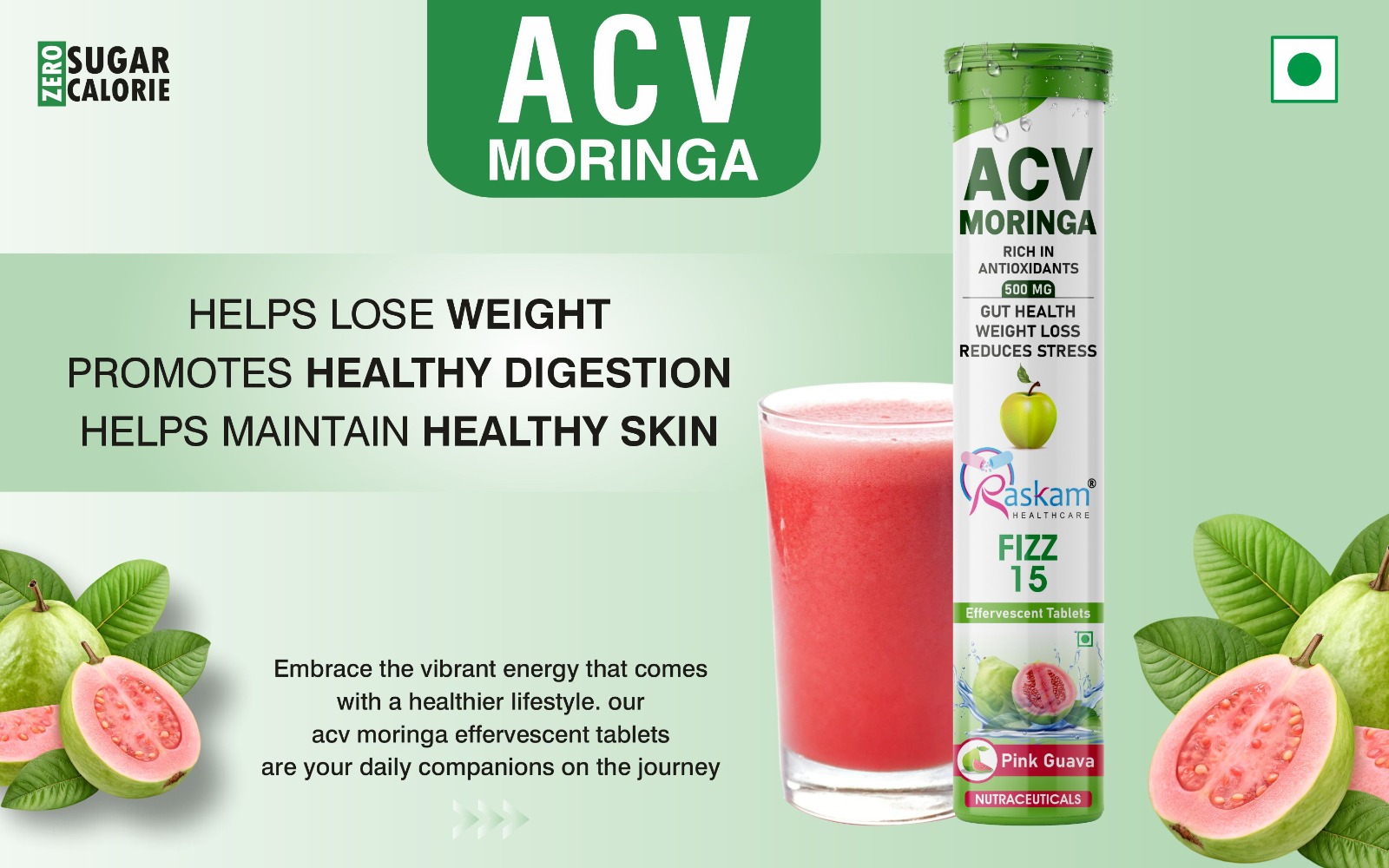 Apple Cider Vinegar (ACV) Moringa Effervescent Tablets 500mg – Guava Flavor, No Added Sugar, Antioxidant Immunity & Appetite Support – 15 Fizz Tabs (Pack of 8)