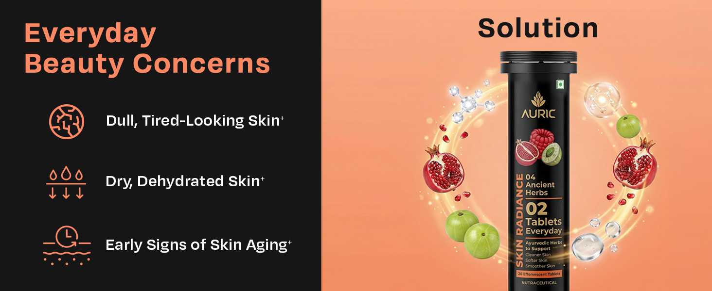 Auric Skin Radiance Glutathione Effervescent 120 Tablets for Skin | With Biotin, Amla, Pomegranate & Grape Seed Extract | Mixed Berries Flavour | Shine 365