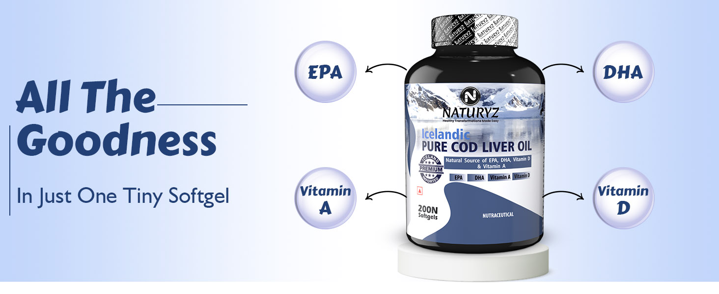 Naturyz Imported Icelandic Cod Liver Oil Capsules With Natural Omega 3 (Epa & Dha,Rich In Vitamin D & A,Mercury Free,Immunity,Skin,Eye,Muscle & Joint Health Softgels,200 Softgels,1 Count)
