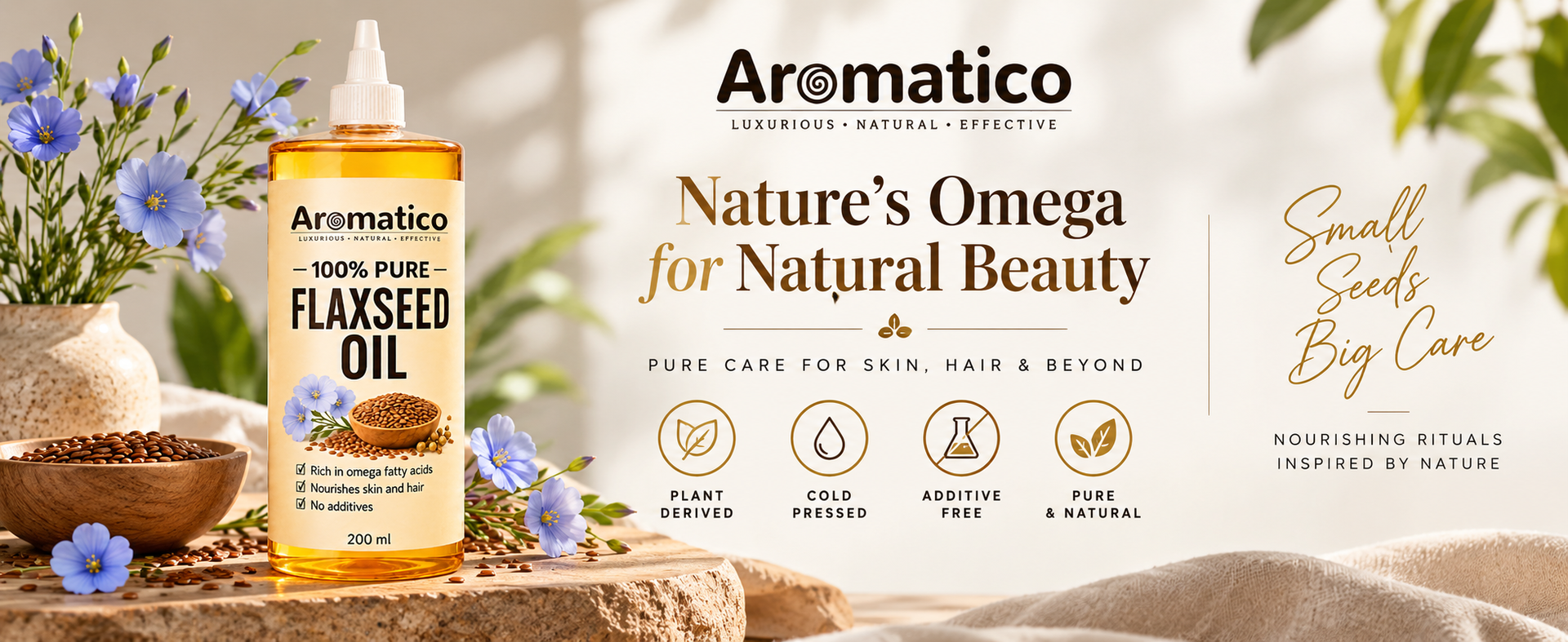AROMATICO Flaxseed Oil for Skin, Hair, Scalp Massage & Lightweight DIY Beauty Care | Omega 3,6 & 9 Rich for Glowing Skin & Hair Growth - 200ml