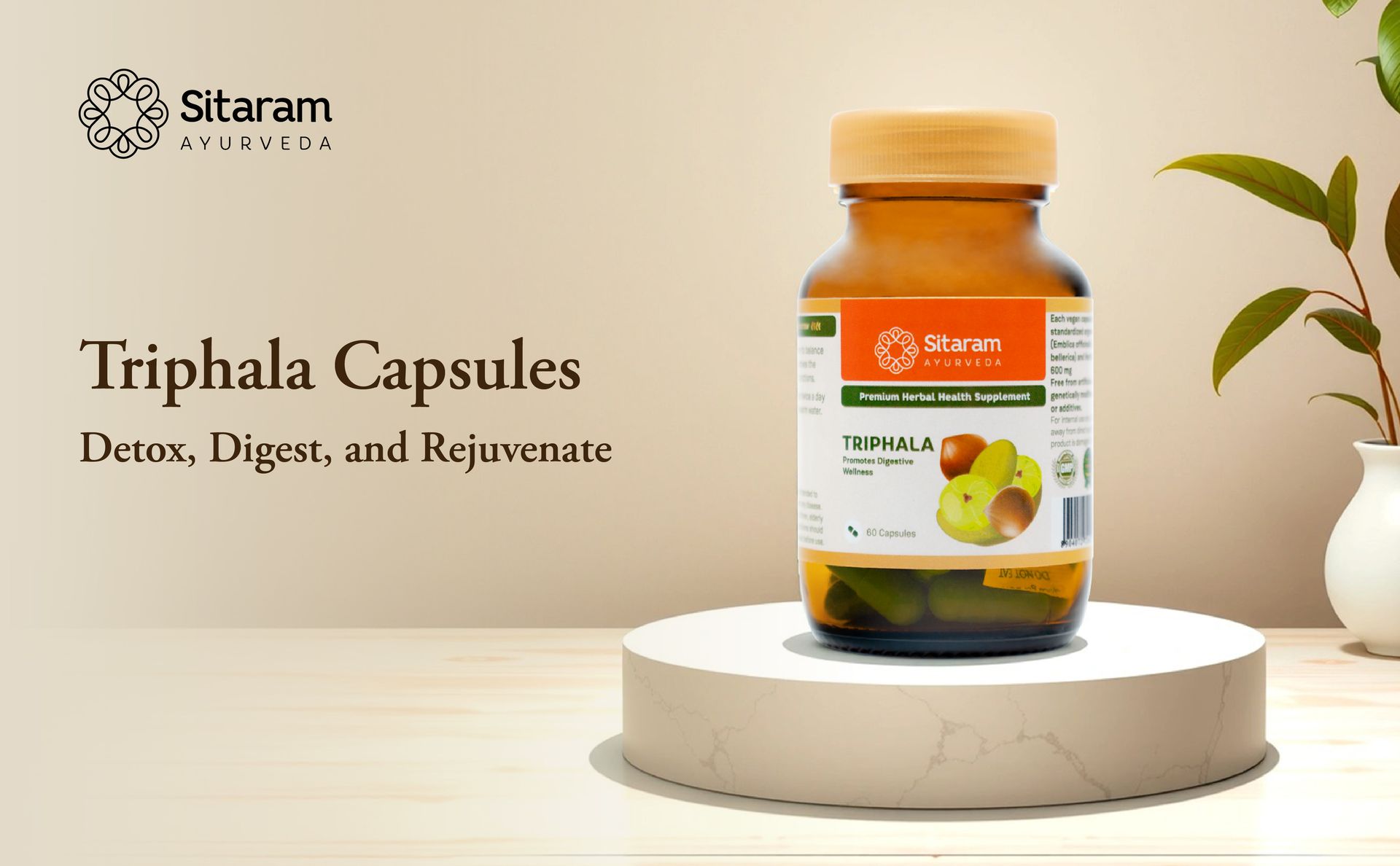 Sitaram Ayurveda Triphala Capsules | Supports Digestive Wellness & Natural Bowel Balance | Vegan | 60 Nos.