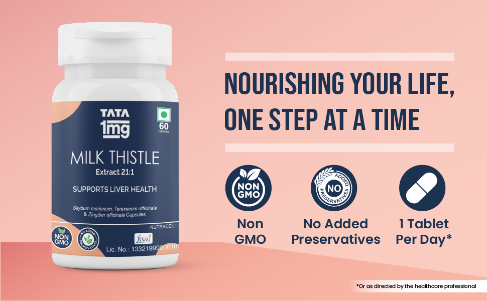 Tata 1mg Milk Thistle Liver Detox Capsules (Veg) - 60 Count | Liver Health Supplement with 70% Silymarin, Dandelion & Ginger | For Men & Women