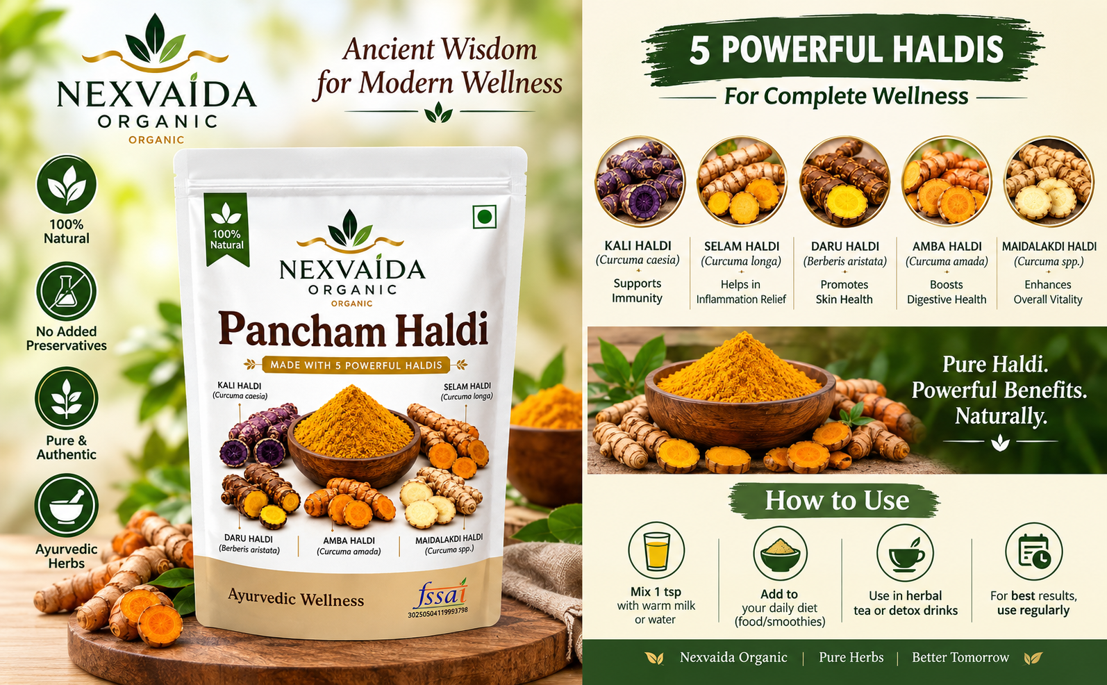 Pancham Haldi Powder | Premium Blend of 5 Ayurvedic Turmerics including Kali, Selam, Daru, Mida Lakdi & Amba Haldi Powder for Detox & Wellness | Natural Immunity Booster, Anti-Oxidant & Anti-Inflammatory Support | 100% Pure & Natural No Preservatives, Colors or Flavors (100gm)