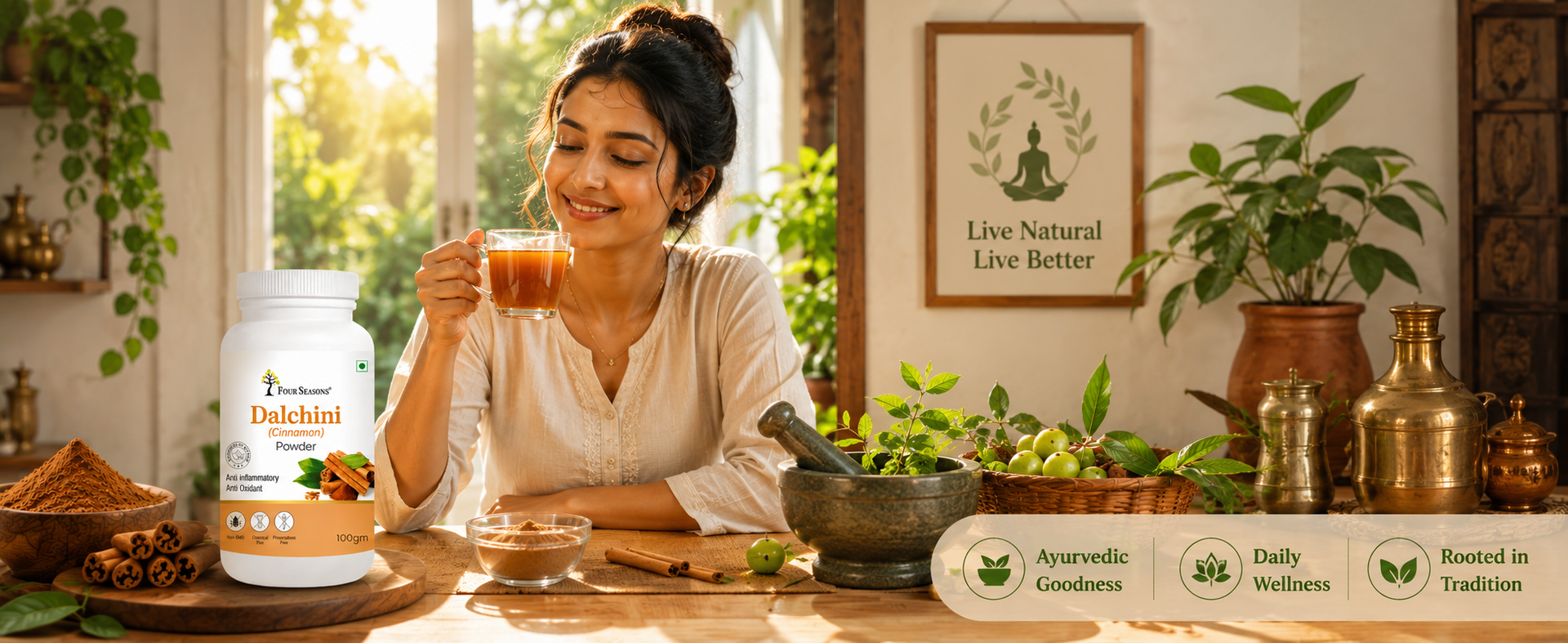 Four Seasons Pure Dalchini Powder (True Ceylon Cinnamon) – Natural Ayurvedic Herbal Powder for Blood Sugar & Digestion Support – Non-Cassia, Zero Preservatives – 100g Pack of 2