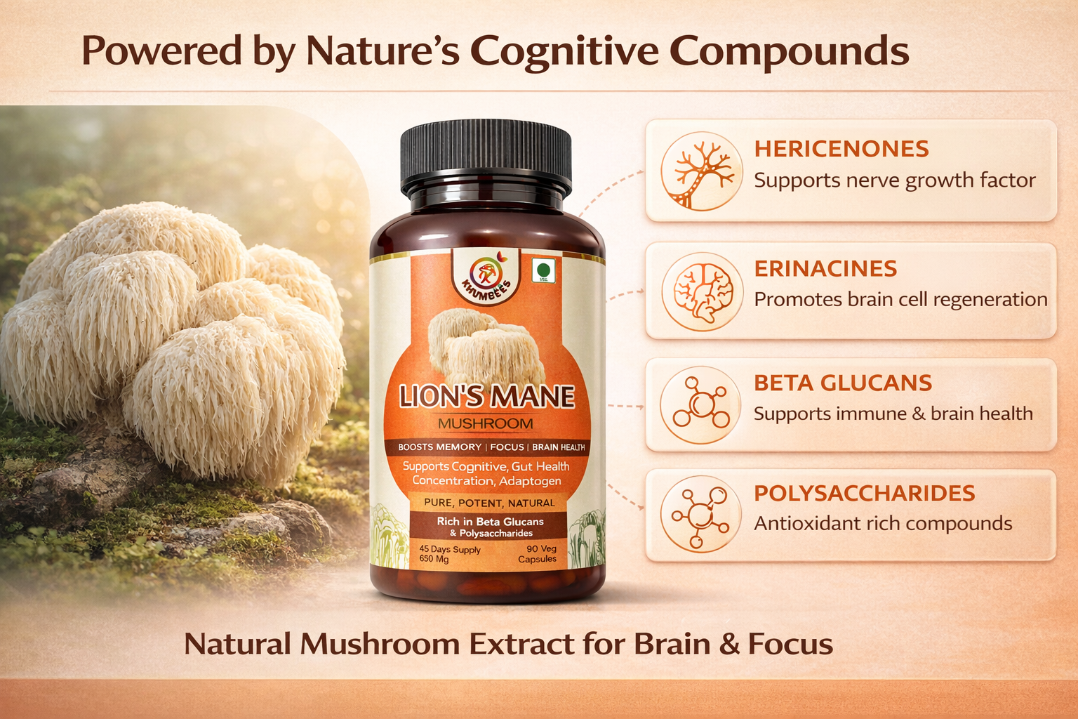 KHUMBEESS SUPERFOODS Lion's Mane Mushroom Extract, 650mg x 90 Capsules | Natural Brain Support & Focus, Memory Boost, Cognitive Health Supplement, Support Healthy Gut