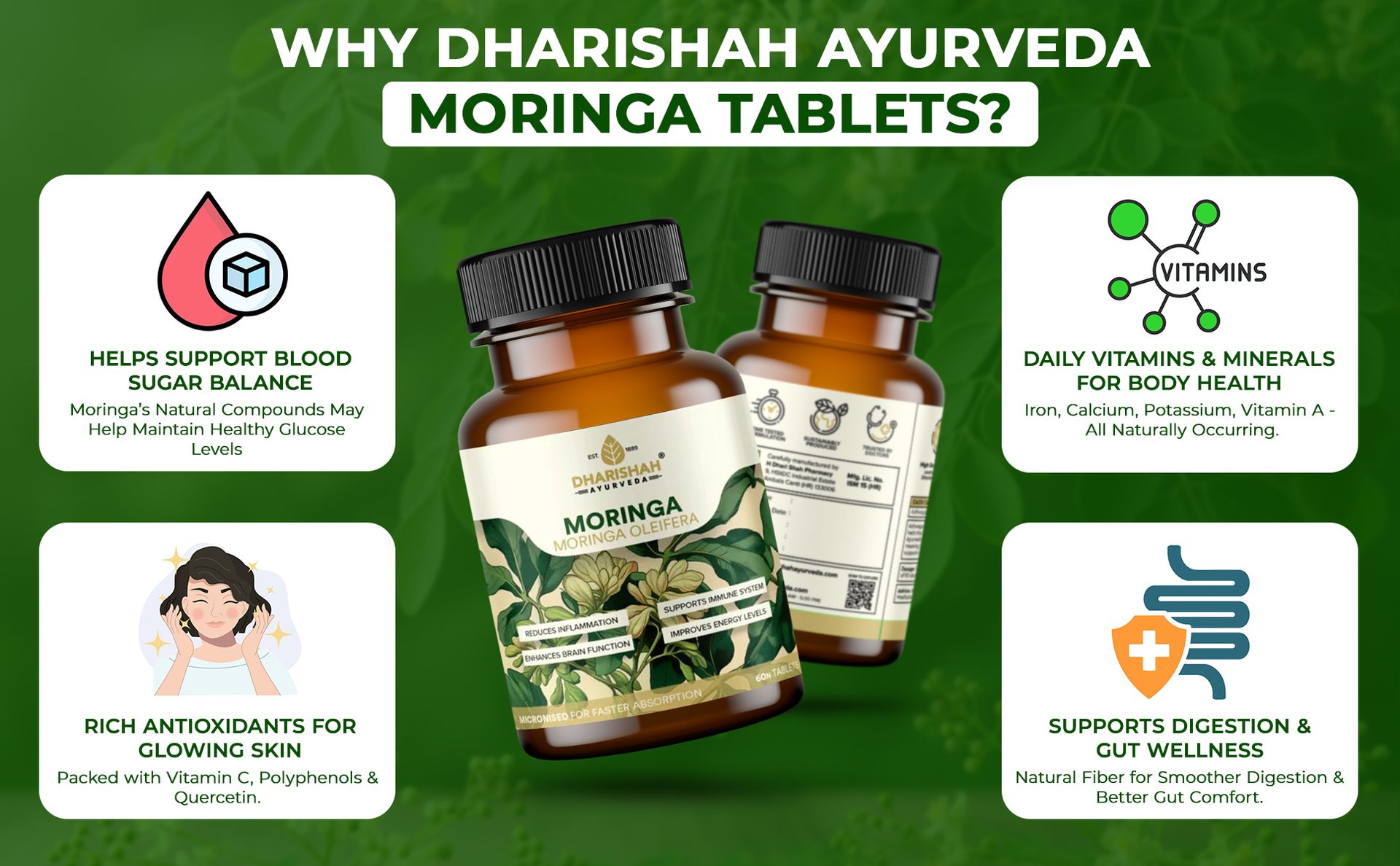 Dharishah Ayurveda Organic Moringa Tablets 900mg | Drumstick Leaf Powder | Plant-Based Daily Nutrition & Energy Support | 60 Tablets