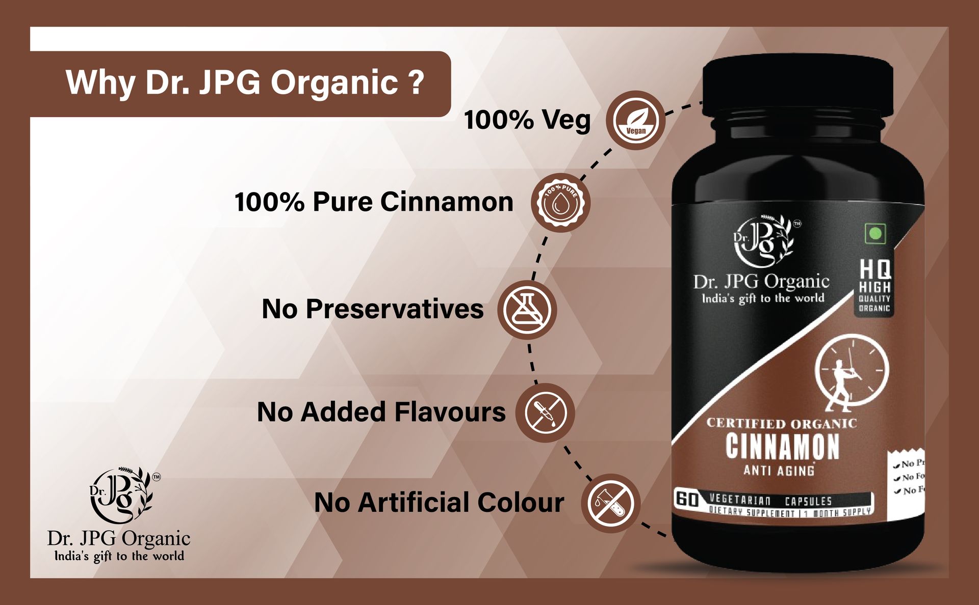 Dr. JPG Organic Cinnamon Capsules 120Veg. Capsules/INDIA ORGANIC Certified.