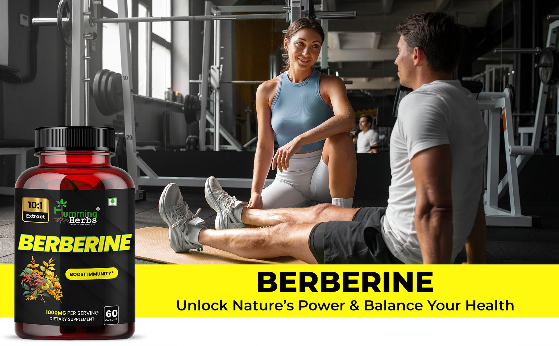 Humming Herbs Berberine Pure Extract 1000mg |Immune Support, Gut Health, Digestive Wellness, Metabolic Balance & Antioxidant Protection | Vegan, Non-GMO, High Bioavailable Form | 60 Capsules