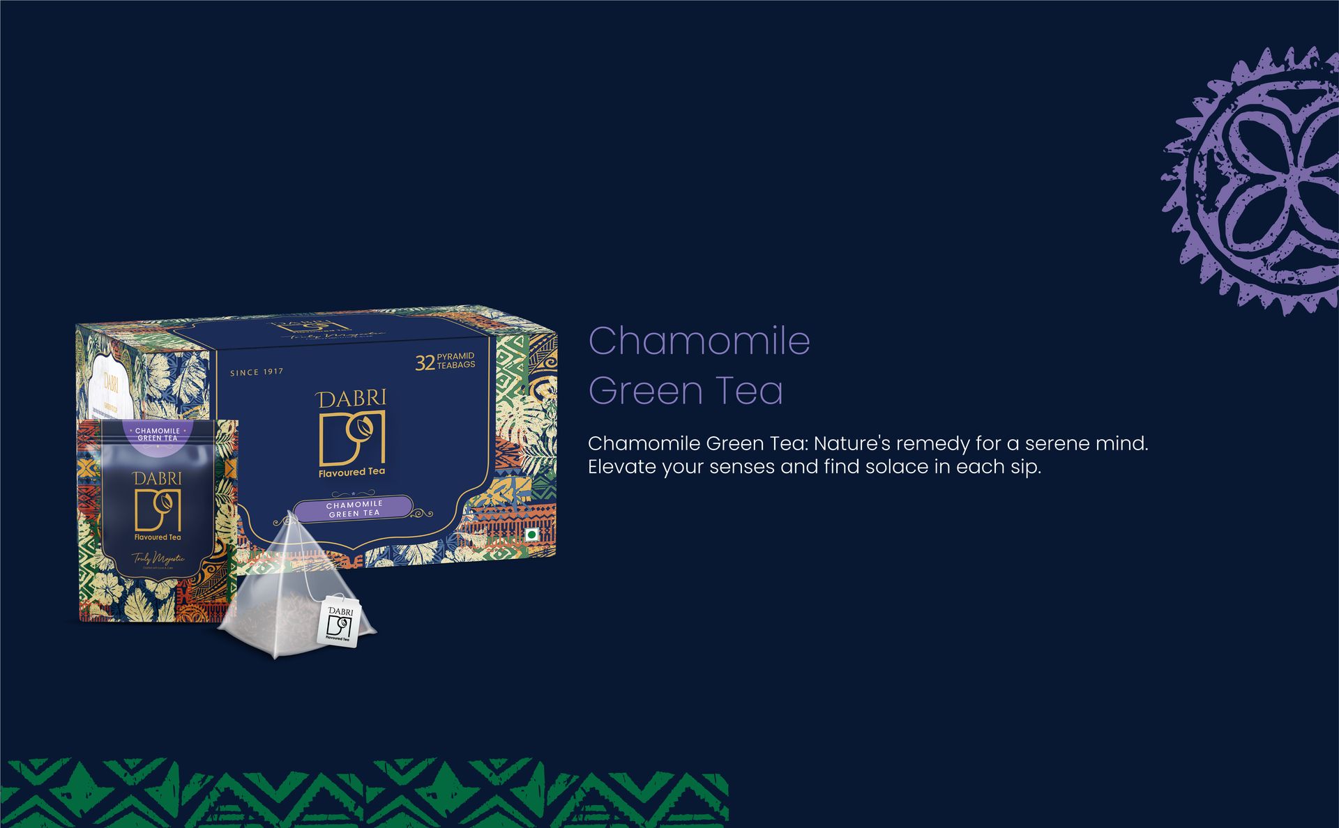 Dabri Chamomile Green Tea 32 Pyramid Dip Tea Bags | Natural Whole Leaf & Chamomile Flowers | Relieves Menstrual Cramps & Stress | Aids Sleep & Digestion | Supports Glowing Skin & Strong Hair