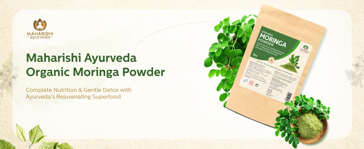 Maharishi Ayurveda Organic Moringa Powder - 100g Pack of 1 Certified Organic Moringa Churna from Pure Moringa Leaves for Skin & Hair Health, Detoxification and Natural Source of Protein