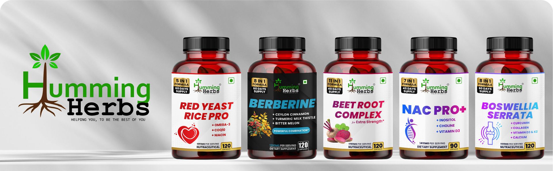 Humming Herbs Berberine Supplement | 8in1 | 180 Caps | with Ceylon Cinnamon Milk Thistle Bitter Melon & Probiotics - For Optimal Health - Pack Of 2