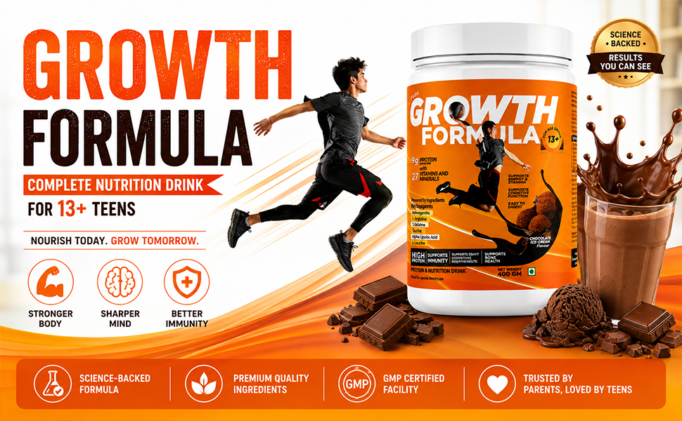 Growth Formula Teen Nutrition Drink Powder for 13+ Years, 400g | 9g Protein per Serving | 27 Vitamins & Minerals | Chocolate Ice Cream Flavour