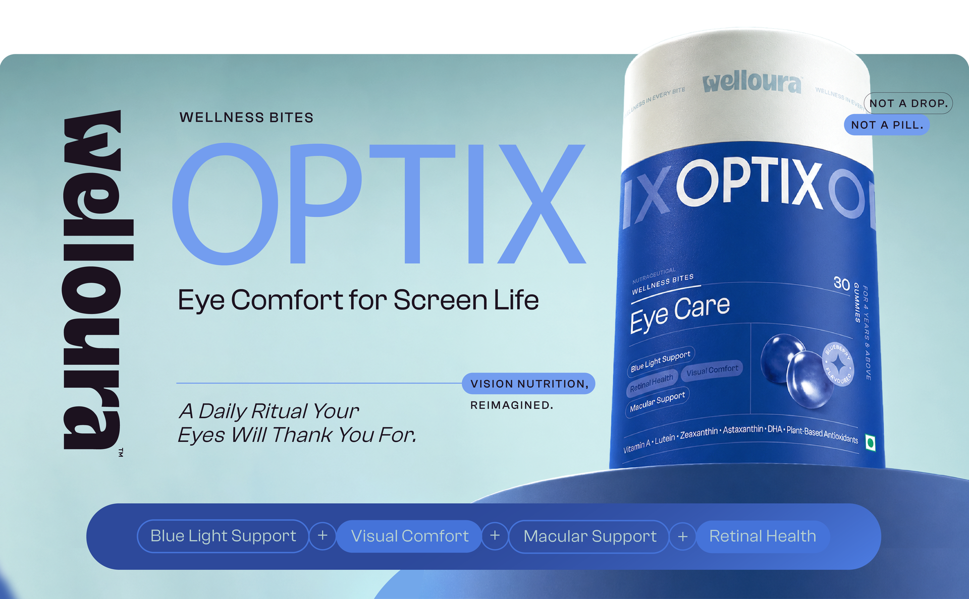 OPTIX Eye Care Gummies – Eye Comfort for Screen Life | Lutein, Zeaxanthin, Astaxanthin, Vitamin A, DHA & Zinc | Blue Light & Visual Comfort Support | For Adults & Kids 4+ | 100% Vegetarian | Blueberry | 30 Gummies