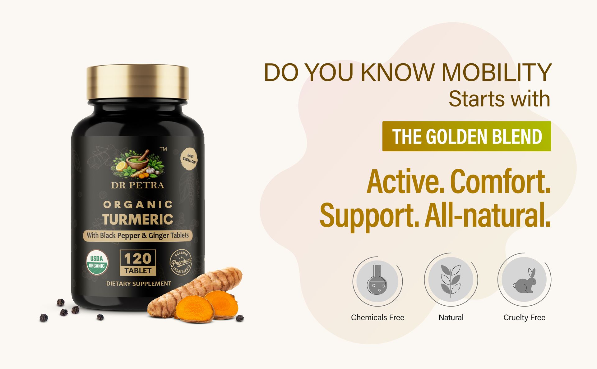Turmeric Curcumin Tablets with Black Pepper & Ginger Root extract | High Strength Turmeric Supplement | Natural Antioxidant Support | Joint & Immunity Support | 120 Tablets