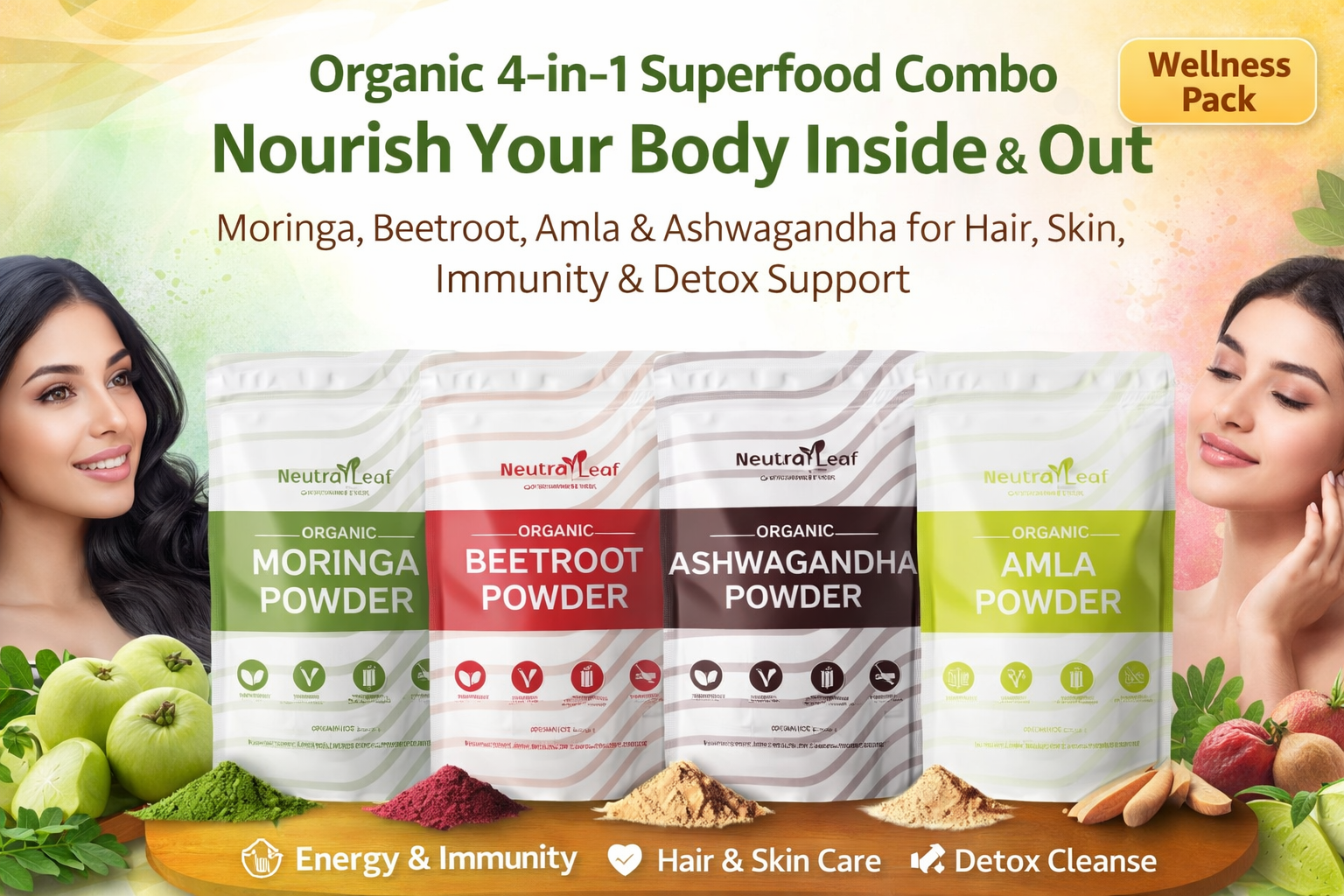 NeutraLeaf Green Soul 4-in-1 Organic Superfood Combo 800g (Pack of 4 x 200g) – Moringa Powder, Beetroot Powder, Amla Powder & Ashwagandha Powder | For Energy, Immunity, Digestion, Stress Relief, Skin & Hair Health |