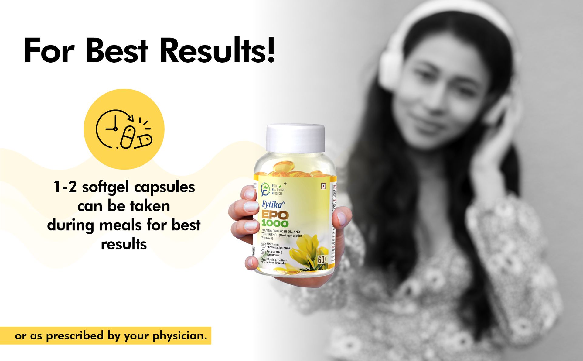 Fytika Epo 1000 Evening Primrose Oil and Tocotrienol Capsules | For Healthy and Acne free Skin | Supports Hormonal Balance in Women | Helpful in PMS & Menopause | Natural Oil Extract 60 Softgels Capsules