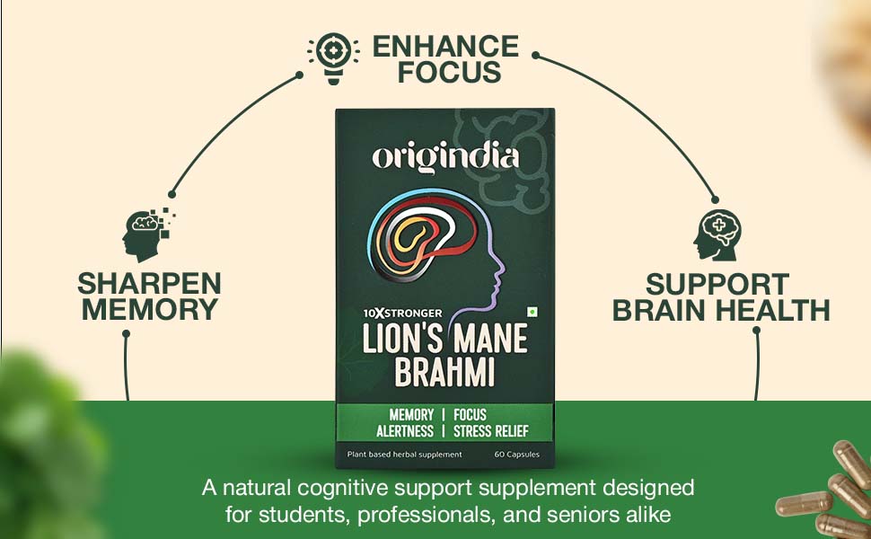 Lions Mane Brahmi Supplement, Brain Supplement Vegan Capsules with Lion's Mane Mushroom & Brahmi Extract for Memory Booster, Focus & Cognitive Support, Mind & Mood Enhancer, Pack of 1, 60 Capsules