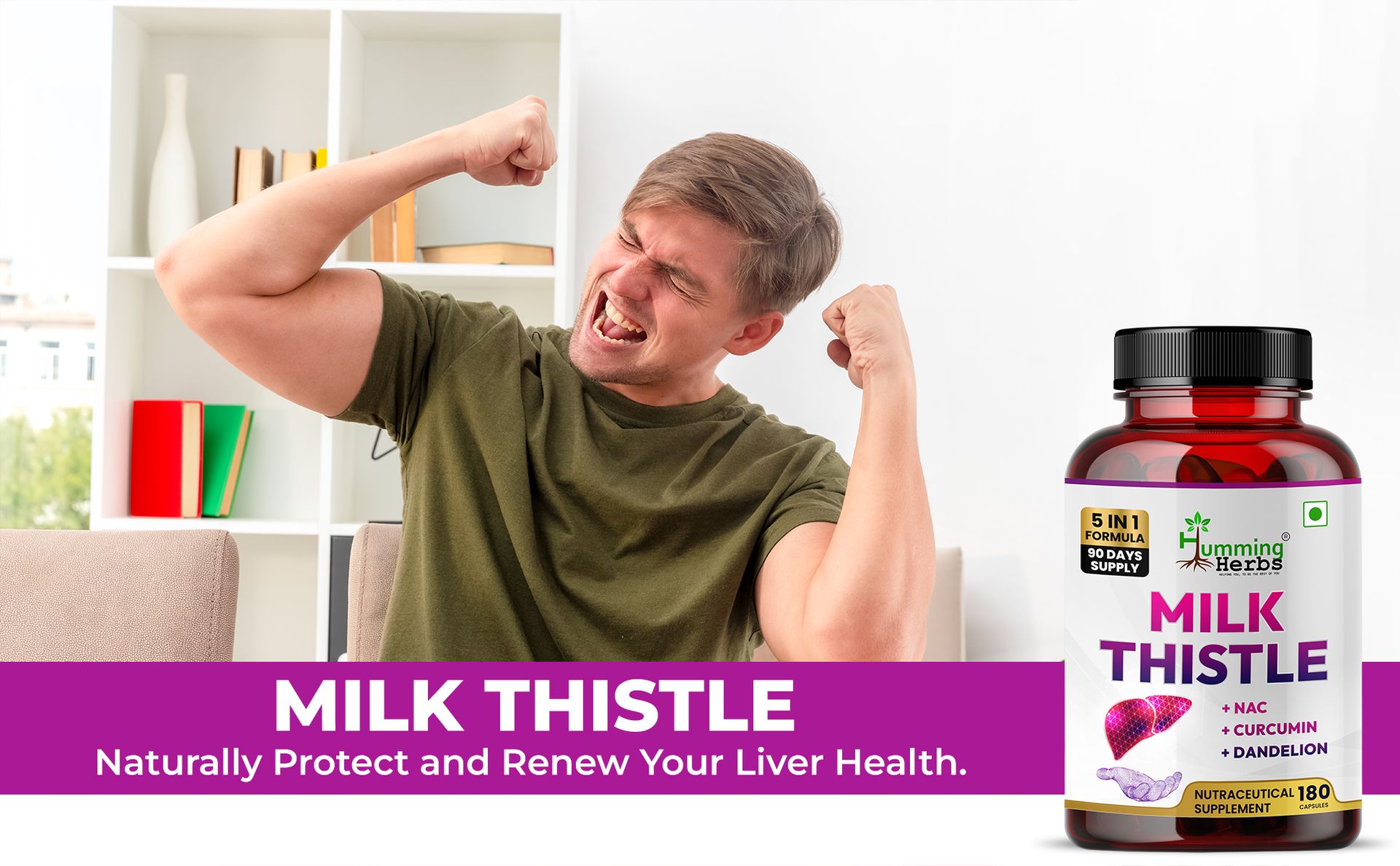 Humming Herbs Milk Thistle Supplement 1140mg Liver Support Formula with NAC, Curcumin, Dandelion and Black Pepper - Bioavailable Detox Supplement - Capsules - 180 Count