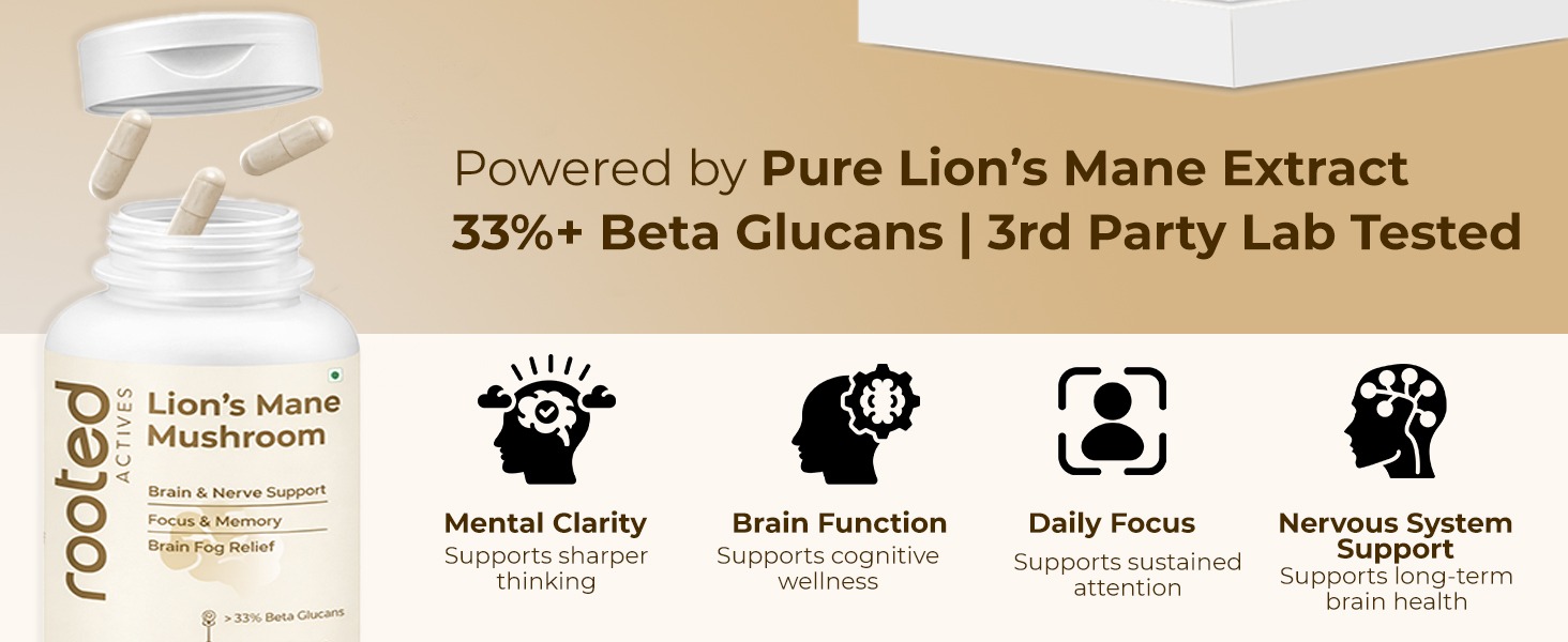 ROOTED Organic Lions Mane Mushroom Extract Capsules, 38% Beta Glucan, 90 Counts, Herbal Supplement, Capsule Form, Brain & Nervous System Support