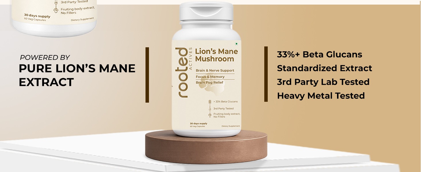 Rooted Lion’s Mane Mushroom Extract Capsules – 38% Beta Glucan, Fruiting Body, 3rd Party Tested, Brain Support for Focus, Memory & Mental Clarity – 120 Veg Caps