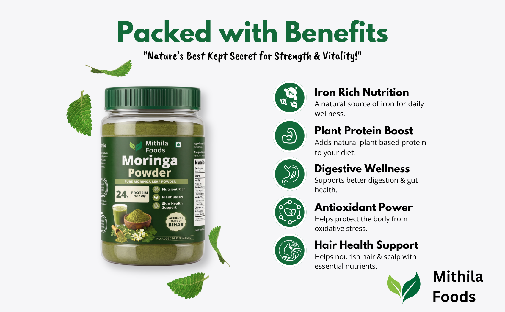 MITHILA FOODS Moringa Powder 500g | Munga Greens, 100% Pure Moringa Leaf Powder | Nutrient-Dense Antioxidants, Vitamins & Minerals | Energy, Immunity & Daily Wellness | Authentic Taste of Jharkhand