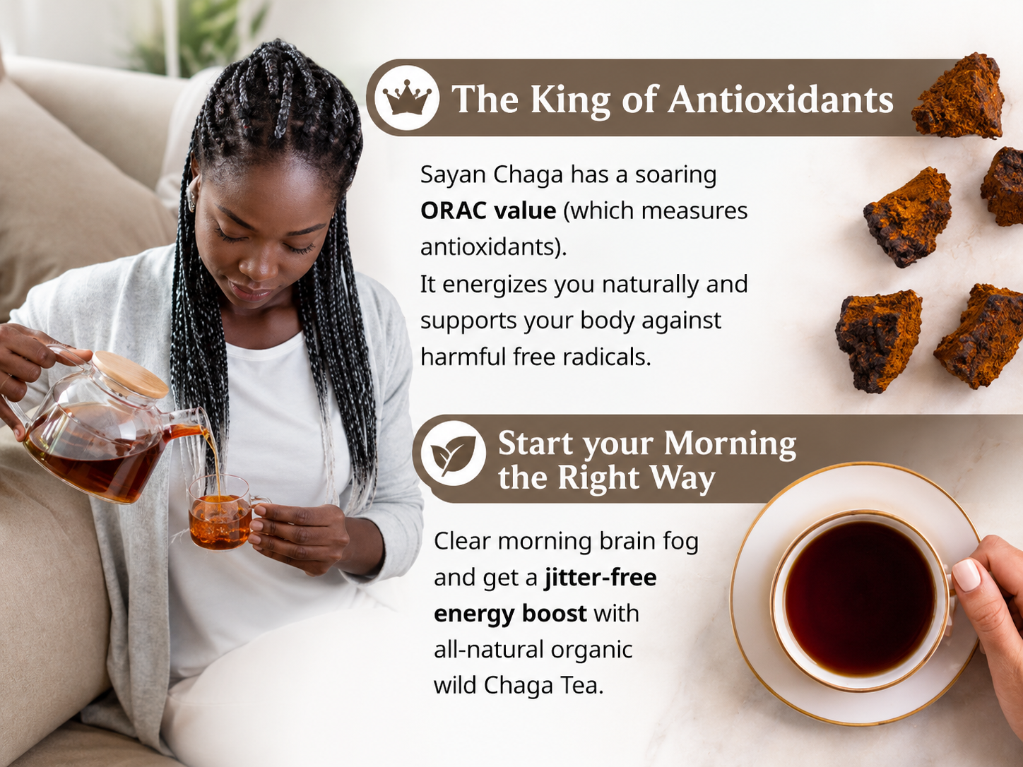 Chaga Mushroom Chunks 8 oz, Raw Dried Wild Siberian Chaga Tea, Non-GMO