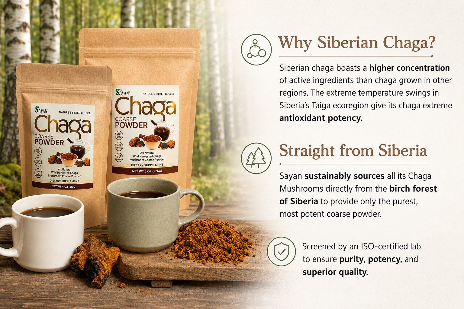 Sayan Coarse Chaga Powder 1 lb 454g Siberian Wild-Harvested Raw Tea Non-GMO