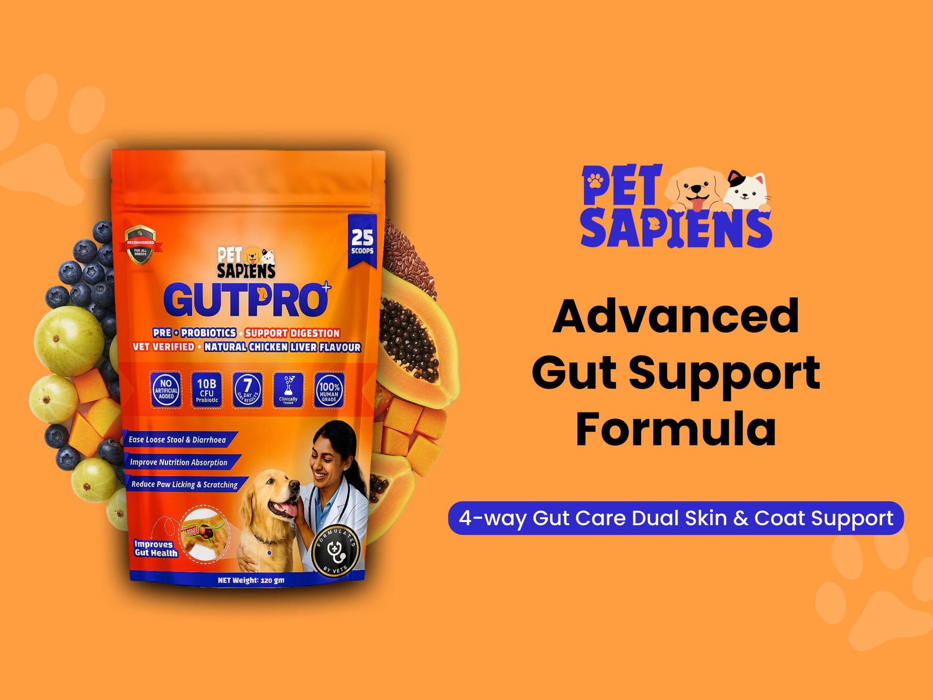PETSAPIENS Pre + Probiotic Supplement(120gm) Gluten Free | 10B CFU | Boosts Gut Health & Immunity | Vet Formulated - Prevents Scratching, Paw-Licking and Indigestion, Chicken Flavour