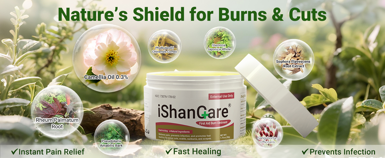 First Aid Burn Ointment with Camellia Oil, Fast-Acting Natural Relief for Burns, Sunburns, Cuts & Scrapes, Ensitive Skin Safe, 1.76oz