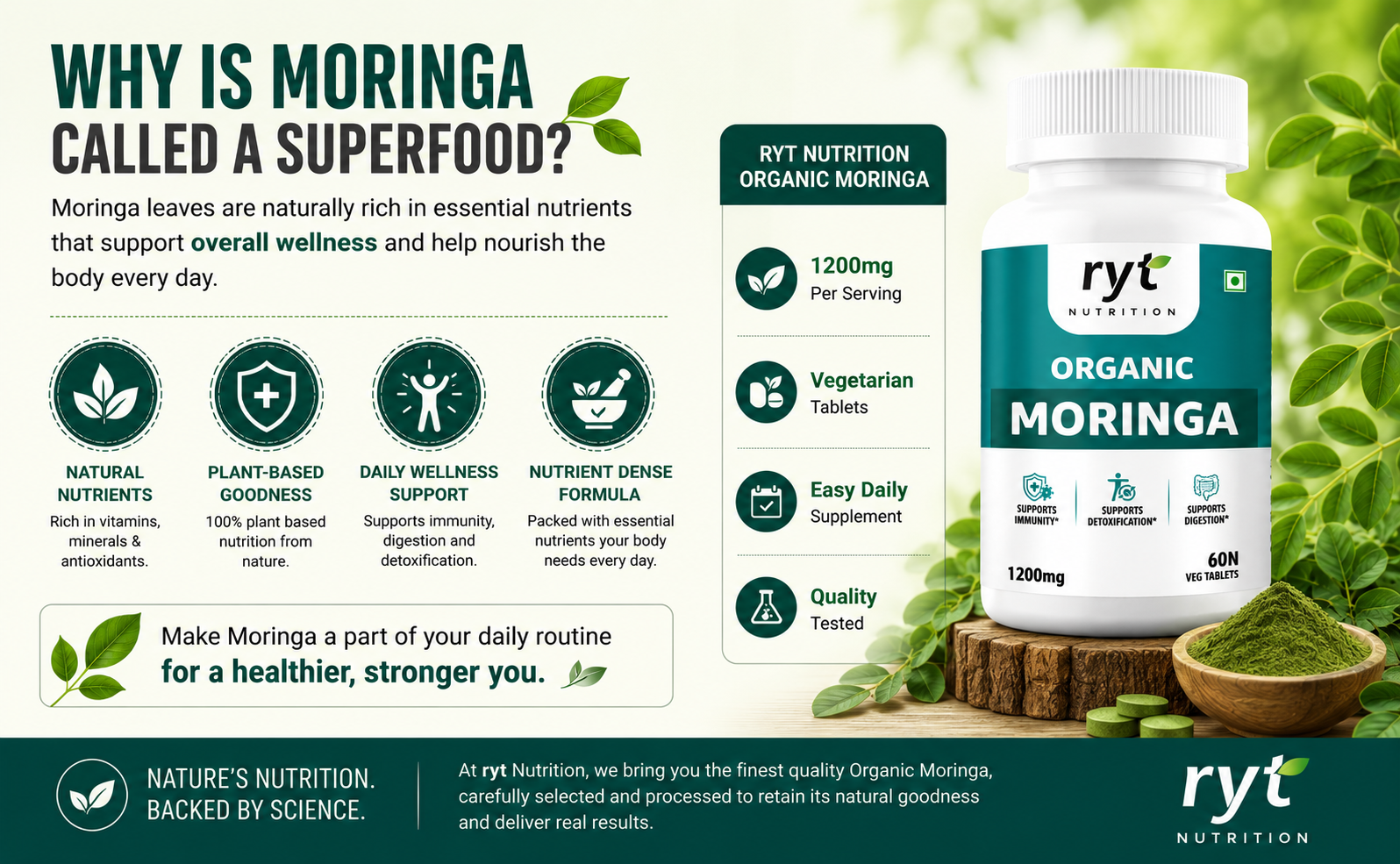 Organic Moringa (1200mg) - 60 Veg Tablets |Drumstick Leaf Extract | 100% Organic |Supports Healthy Digestion & Appetite, Boost immunity & Supports Detoxification