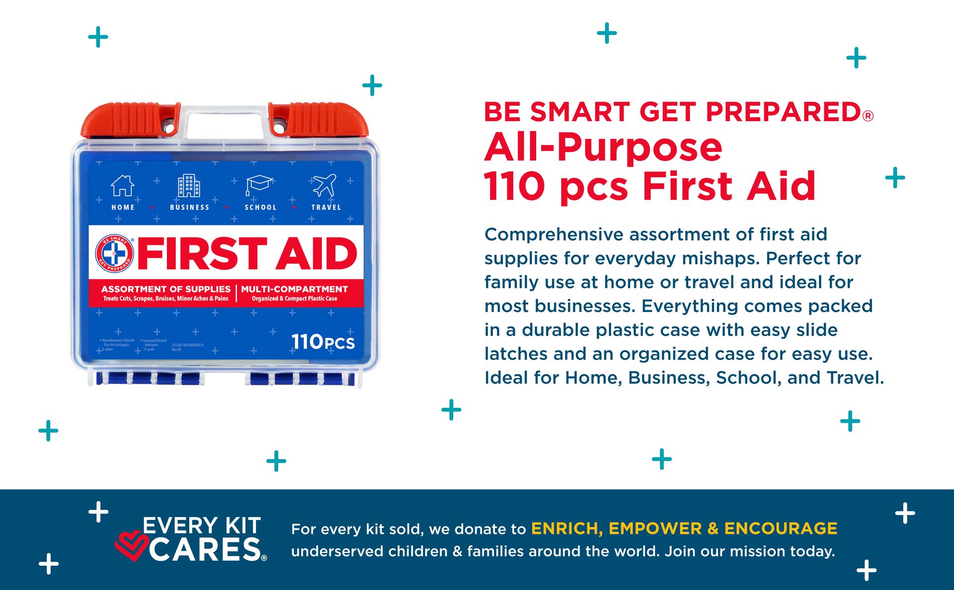 Be Smart Get Prepared 110 pc First Aid Kit: Clean, Treat, Protect Minor Cuts, Home, Office, Car, School, Business, Travel, Emergency, Outdoor, Camping & Sports, FSA/HSA (Packaging may vary)