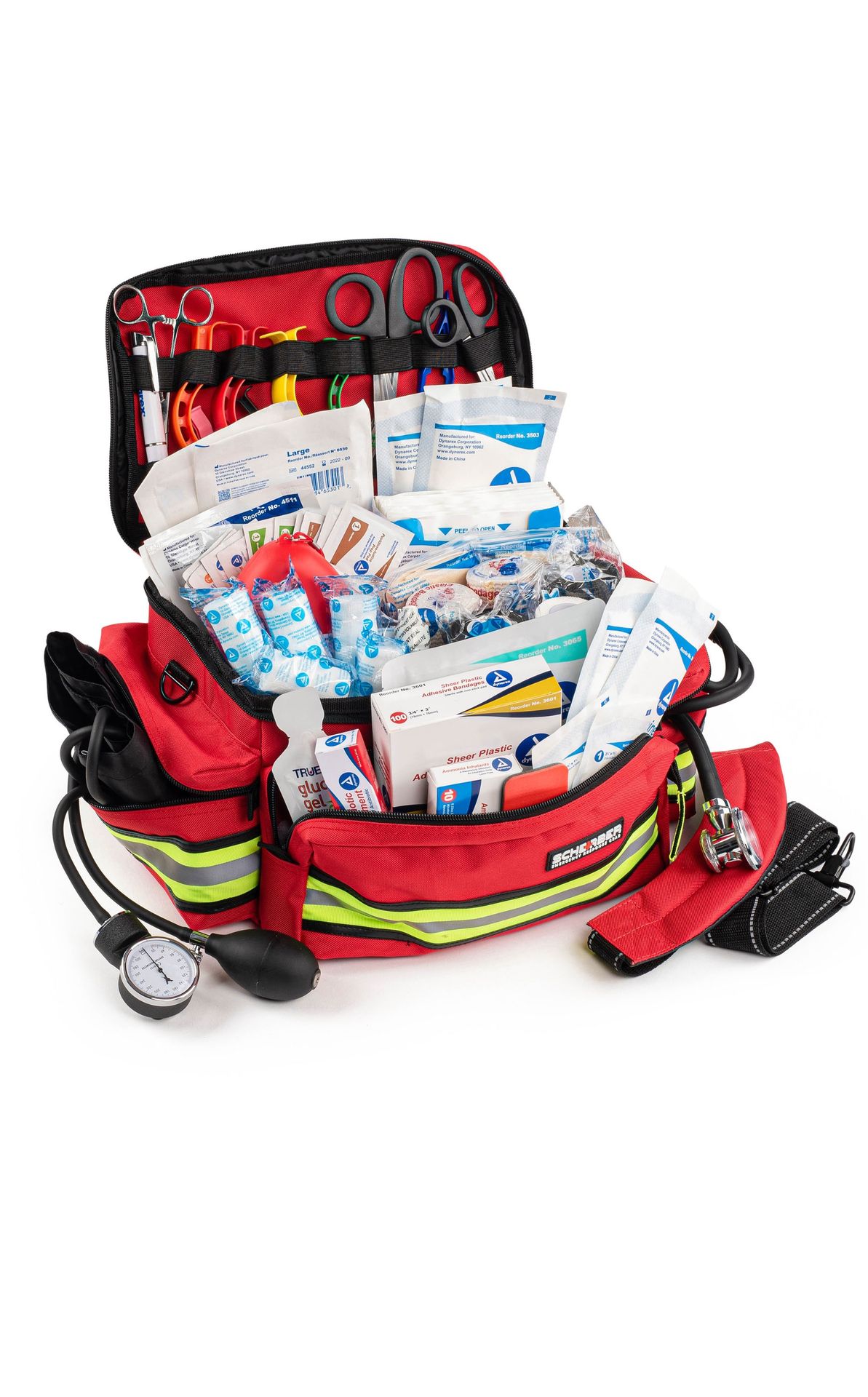 Scherber First Responder Fully-Stocked Professional Essentials EMT/EMS Trauma Kit | HSA/FSA Approved | Reflective Bag w/8 Zippered Pockets & Compartments & 200+ First Aid Supplies - Red