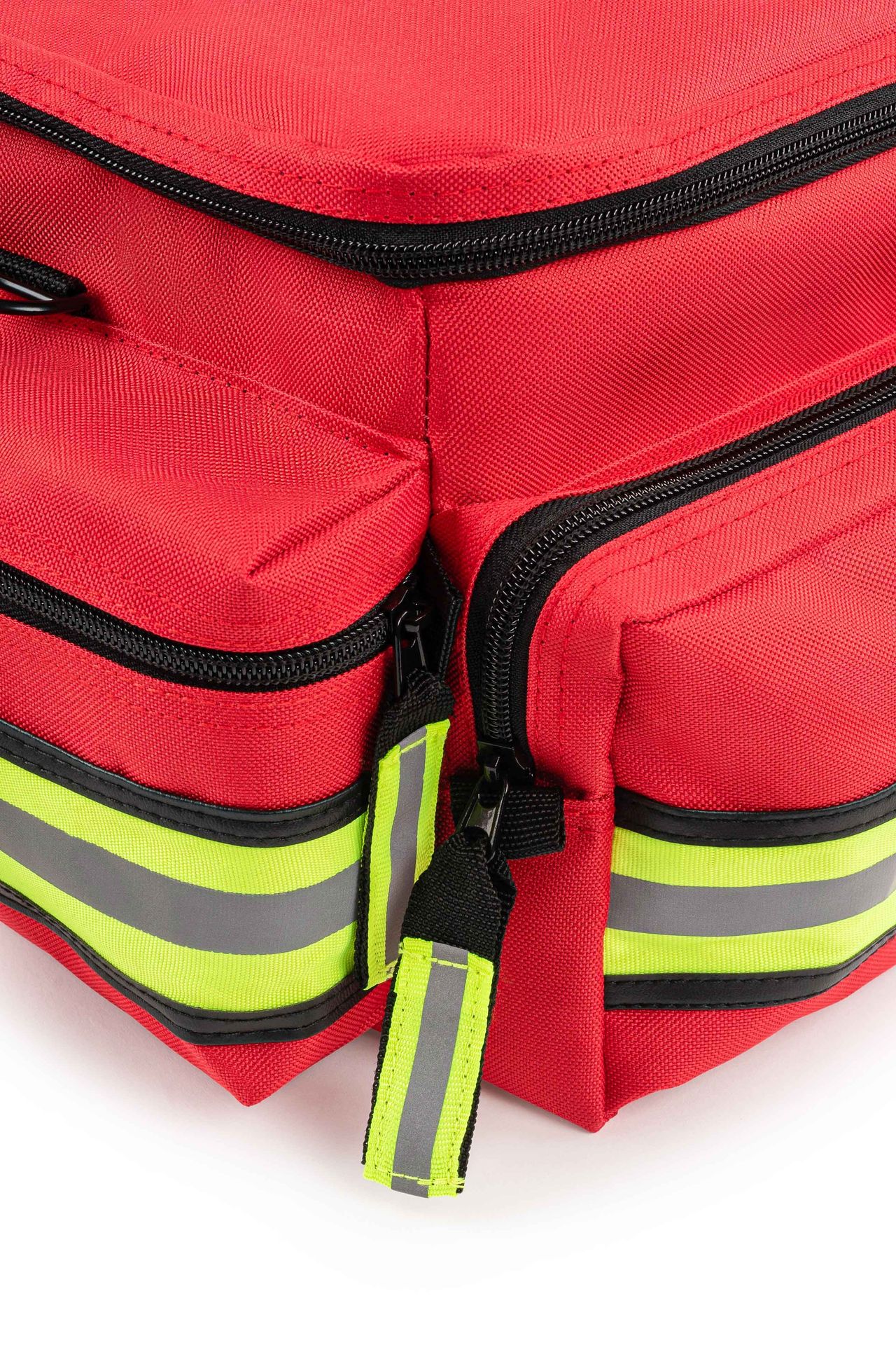 Scherber First Responder Fully-Stocked Professional Essentials EMT/EMS Trauma Kit | HSA/FSA Approved | Reflective Bag w/8 Zippered Pockets & Compartments & 200+ First Aid Supplies - Red