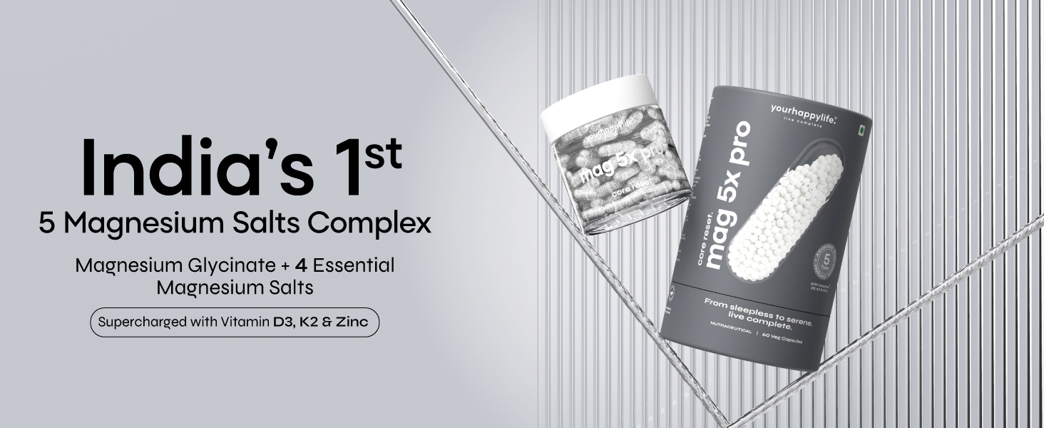 YourHappyLife 5X Magnesium Glycinate Supplement With Zinc, D3 & K2-60 Vegan Capsules| 330 mg Elemental Magnesium with Malate, Liposomal, Phosphate, Aquamin | Sleep, Muscles Recovery & Stress Relief
