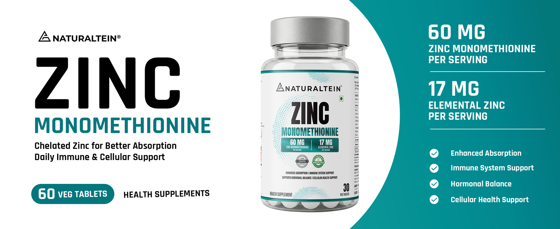 Naturaltein Zinc Monomethionine 60 mg | 17 mg Elemental Zinc per Tablet | Supports Immune Health, Antioxidant Protection & Skin Wellness | 30 Count